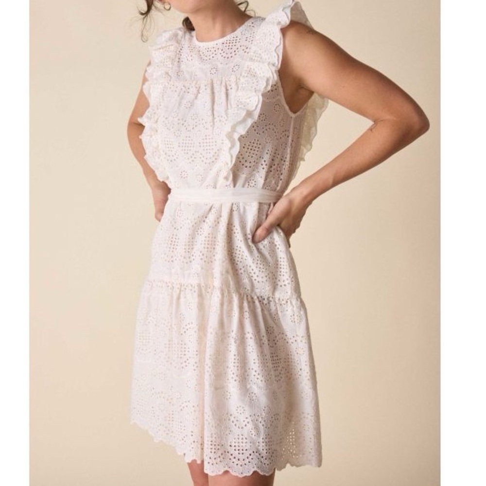 St‎ Roche NWT Elysian Eyelet Ruffle Mini Dress Women’s 2 in White Belted Waist